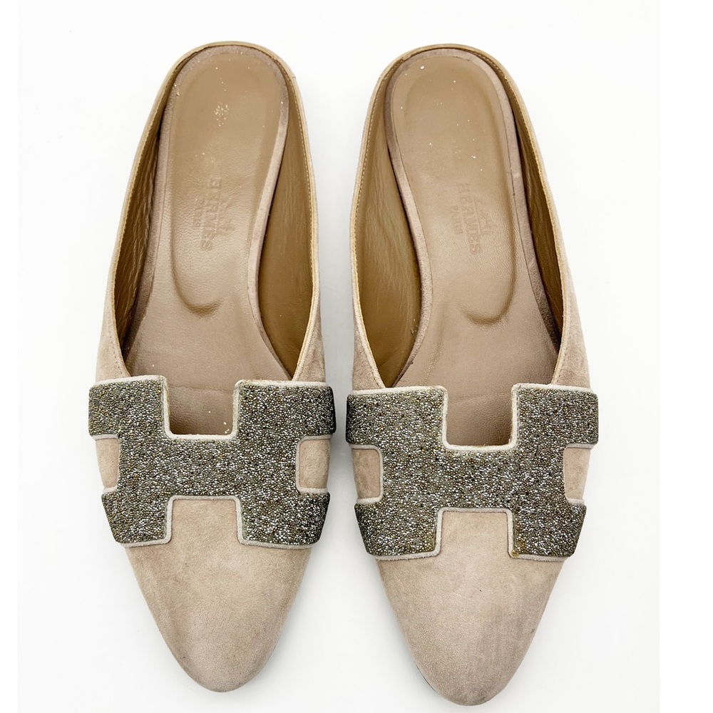 HERMES Beige Suede Leather Mules Flats Slip On Shoes Sz 35 1/2 - Picture 2 of 7